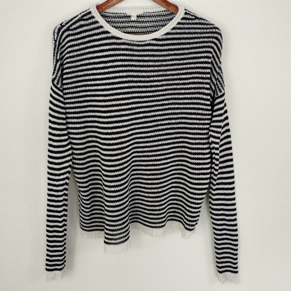 Eileen Fisher Sweater Small Striped Black White Cotton Blend Nautical Beach